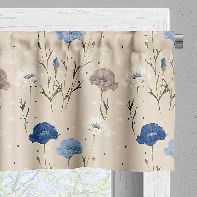 Ambesonne Floral Valance & Tier Curtain 3 pcs Set, Vintage Delicate Cottagecore Flowers in Pastel Tones and Plain Back, Window Treatments for Kitchen Room Decor, 55" x 45", Beige Night Blue Dark Tan
