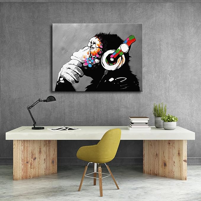 Wieco Art Monkey With Headphones Banksy Graffiti Art Abstract Canvas Painting Posters and Prints Animal Canvas Wall Art for Wall Decor and Home decorations Office Decor
