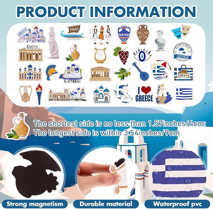 Konohan 30 Pcs Greece Souvenirs Gifts Greece Magnet for Refrigerator City Magnetic Refrigerator Stickers for Home Decoration