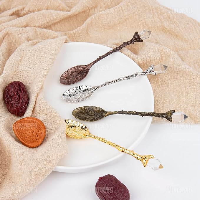 AUEAR, 4 Pack Retro Coffee Tea Crystal Spoon Antique Alloy Carved Spoons for Tableware 4 Colors