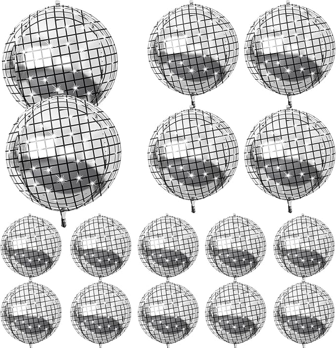 16PCS Disco Ball Balloons, 32in 22in 10in Large 4D Metallic Silver Disco Balloons Foil Balloon for 70s 80s 90s Discos Party Birthday New Year Graduation Party Decorations