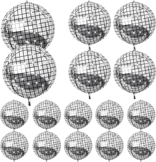 16PCS Disco Ball Balloons, 32in 22in 10in Large 4D Metallic Silver Disco Balloons Foil Balloon for 70s 80s 90s Discos Party Birthday New Year Graduation Party Decorations