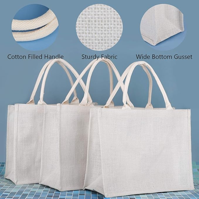 Segarty Tote Bags, 6 Pack Large White Burlap Jute Reusable Canvas Gift Favors Bag with Handles Blank Tote Bulk for Bridesmaid Wedding, Women Market Grocery Shopping, Bachelorette Party, Beach Trip