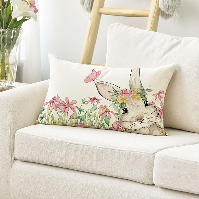 AVOIN colorlife Easter Floral Garland Bunny Throw Pillow Cover, 12 x 20 Inch Spring Rabbit Holiday Cushion Case Decoration for Sofa Couch