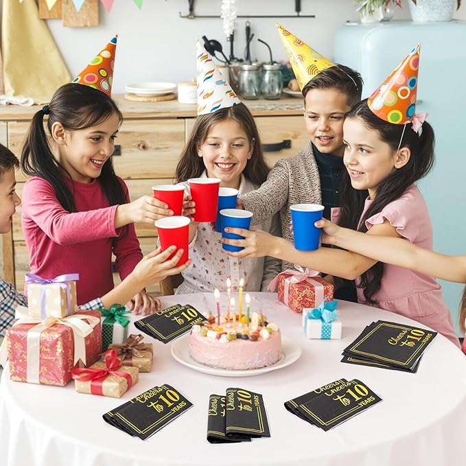 10th Birthday Cocktail Party Napkins-50PCS 13 * 13 inches Cheers to Years Disposable Paper Napkins for Birthday Wedding Anniversary Decorations Party Props Supplies Black and Gold (10th Napkins)
