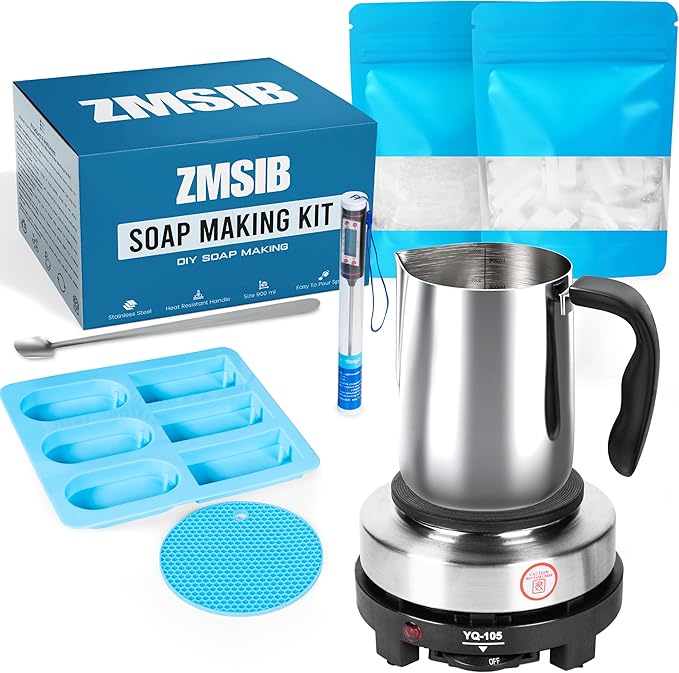 ZMSIB DIY Soap Making Kit for Adults | 900ml Stainless Steel Soap Melting Pot & Soap Melter | Clear & White Melt-and-Pour Bases | 2-in-1 Silicone Mold | Electric Hot Plate – Complete Gift Set