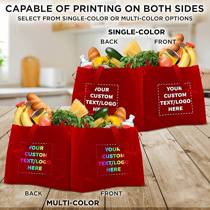 DISCOUNT PROMOS Custom Jumbo Sized Tote Bags Set of 100, Personalized Bulk Pack - Reusable Grocery Bags, Shopping Bags, Promotional Item Totes for Women - Red