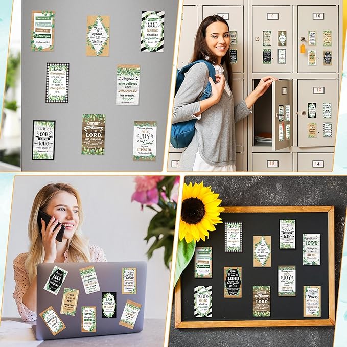 Blosssound 60 Pcs Inspirational Christian Magnets with Bible Verses Religious Refrigerator Magnet Motivational Quotes Fridge Scripture Positive Gifts for Home Office School Locker Decor(Green Plant)