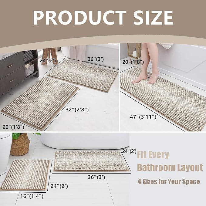 HDFK Bath Mat & Bathroom Rug - Extended Chenille Soft, Machine Washable Non-Slip Shower Carpet Absorbent with Hot Melt Adhesive Base, Slim Fit Striped for Bathtub Floors (47x20 Inch, Tan & White)
