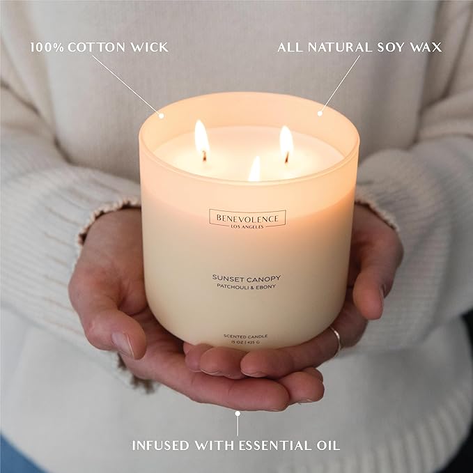 Patchouli & Ebony – Benevolence LA 3-Wick Fall Scented Candle for Home | 15oz, 50-Hour Burn | Natural Soy Wax | Warm & Grounding Home Fragrance | Malibu Sands Collection – Gift for Women & Men