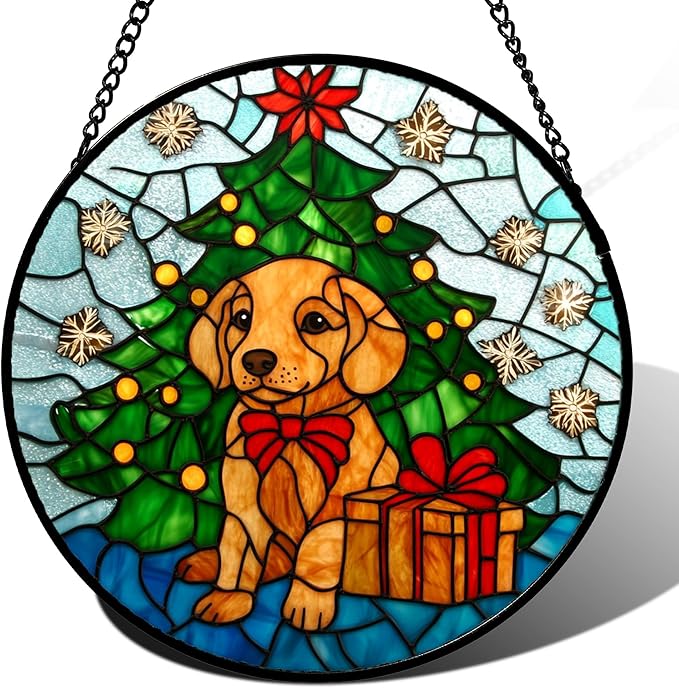 Stained Glass Window Hanging Green Christmas Tree Snowflake Dog 9.8" - Suncatcher Door Garden Sun Catcher Xmas Holiday Decor Birthday for Mom Men Woman Friend Nana
