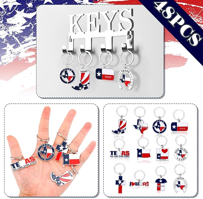 Tondiamo 48 Pcs Texas Metal Keychain Gifts Bulk with Black Velet Storage Bag Texas Souvenirs Lone Star State Map Shaped Keychain God Bless Boot Keyring Gifts