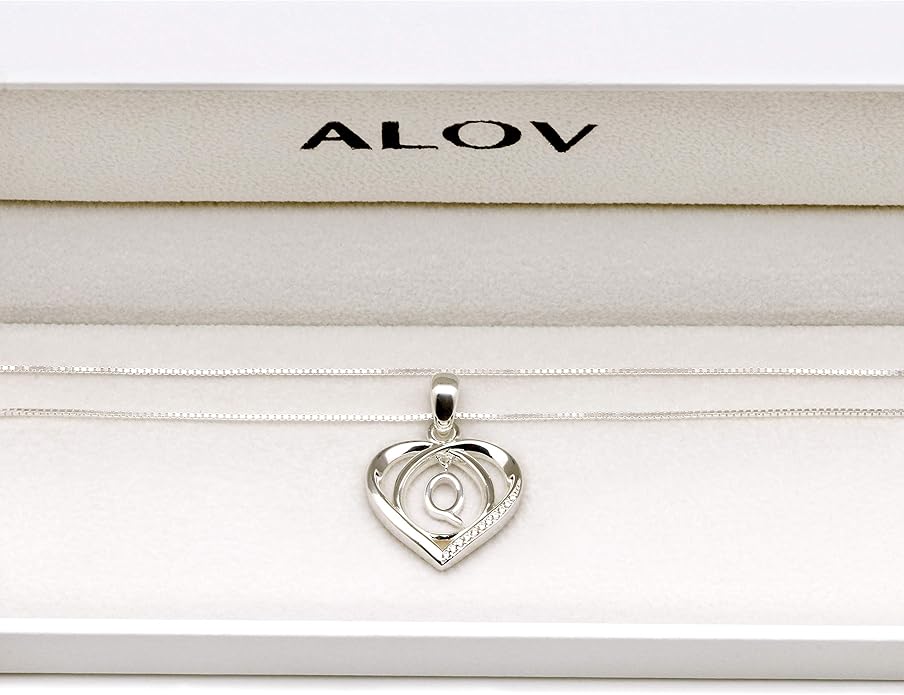 ALOV Jewelry Sterling Silver Initial Letter Alphabet Love Heart Cubic Zirconia Pendant Necklace