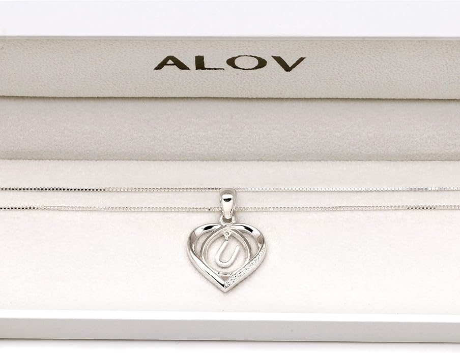 ALOV Jewelry Sterling Silver Initial Letter Alphabet Love Heart Cubic Zirconia Pendant Necklace