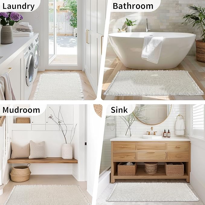 White Bathroom Rugs, Waffle Bath Mat Non Slip Washable, Super Absorbent & Quick Dry, Boho Bath Mat Farmhouse Bathroom Decor, 24'' x 48'', White
