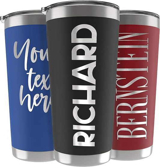Personalized Gifts For Men - 20 Oz. Custom Tumblers w/Lid, Black - Insulated Travel Coffee Mugs - Optional Straw Set, Stainless Steel Double Wall Coffee Tumbler, Personalized Cups