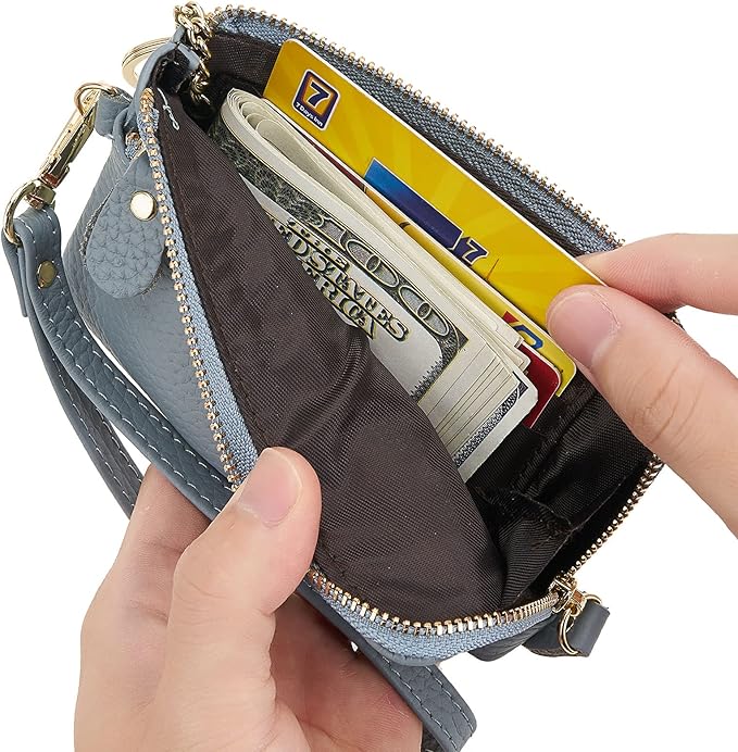 Genuine Leather Coin Purse for Women with Large Opening & Wrist Strap Navy (Blue)