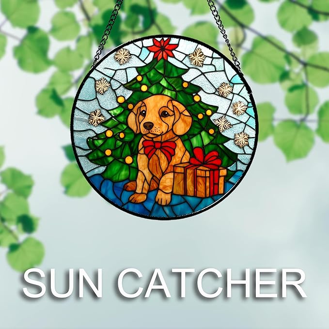 Stained Glass Window Hanging Green Christmas Tree Snowflake Dog 6.3" - Suncatcher Door Garden Sun Catcher Xmas Holiday Decor Birthday for Mom Men Woman Friend Nana