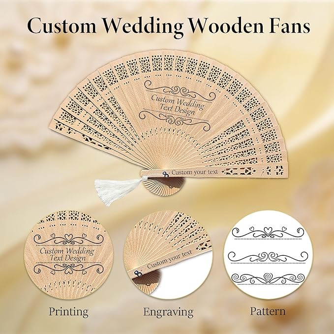 MOSADO Personalized Wedding Fans for Guests, Custom Foldable Sandalwood Fans Bulk with Organza Bags and Tassels, Unique Bridal Shower Party Favors Wedding Favors for Guests (30)