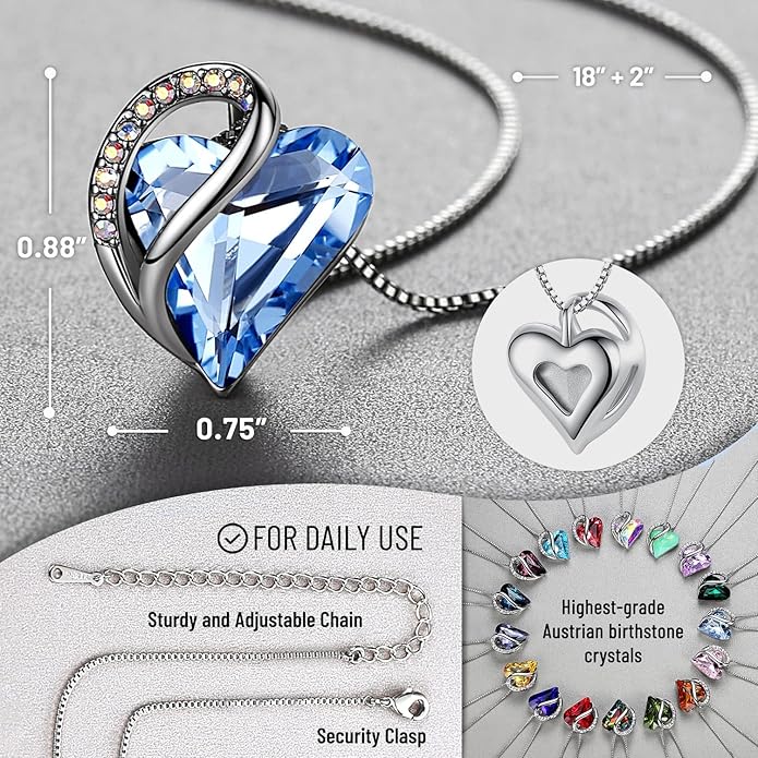 Leafael Valentine's Day Gift Necklaces for Women, Infinity Love Birthstone Heart Crystal Pendant, Birthday Anniversary Jewelry for Wife, Mom, and Her, Silver Plated, 18" + 2" Adjustable Chain