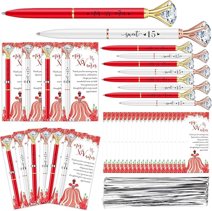 25 Set Quinceanera Party Favors for Guest Sweet 15 Diamond Pens Bulk Mis XV Años Fancy Ballpoint Pen with Thank You Cards and Ties 15th Birthday Thank You Gifts(White, Red)