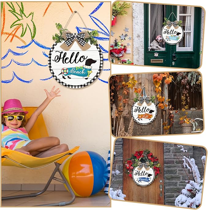 Glenmal 16 Pcs Seasonal Dachshund Door Decor for All Season and Holiday Hanging Cute Christmas Dachshund Welcome Sign Rustic Wooden Farmhouse Front Door Signs Outdoor(White with Plaid Frame)
