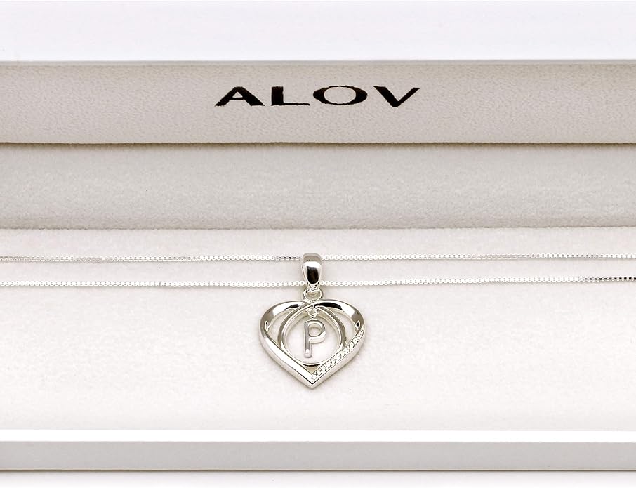 ALOV Jewelry Sterling Silver Initial Letter Alphabet Love Heart Cubic Zirconia Pendant Necklace