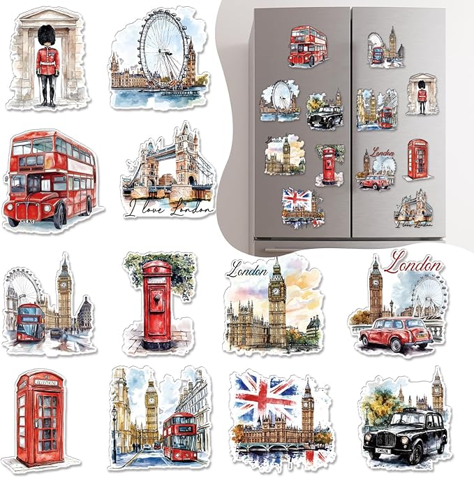 London Fridge Magnets Set - 12Pcs London Travel Souvenirs United Kingdom Refrigerator Magnet Tower Bridge British Deck Bus Fridge Magnetic Stickers for Home Office Kitchen Traveler Tourist Gift