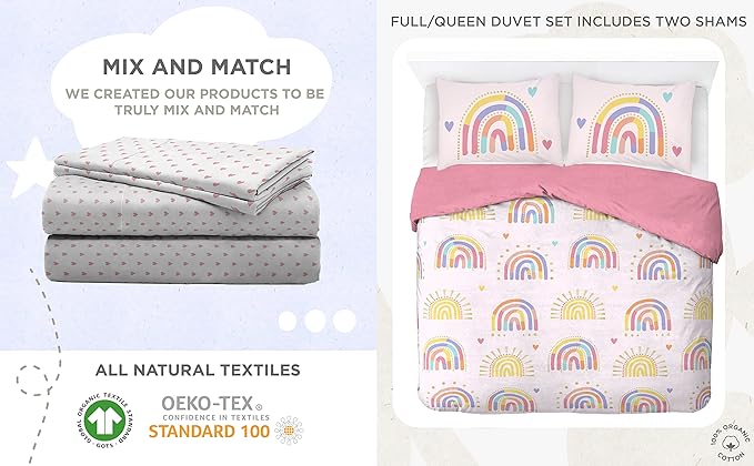 Saturday Park Doodle Rainbow Full/Queen Duvet Cover & Sham Set - 3 Piece 100% Organic Cotton Duvet Set - GOTS & Oeko-TEX Certified