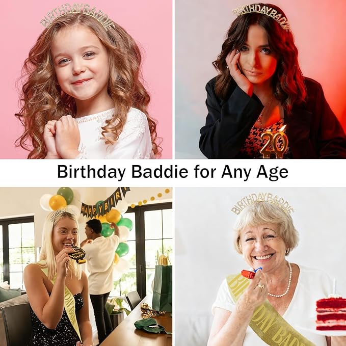 Canitor Birthday Baddie Sash Crown Set Birthday Gifts Party Favors Supplies Decorations & Accessories for Women Girl Adult Outfits Rhinestone Tiara Headband Soft Satin Sash
