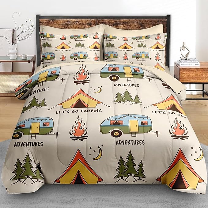 Comforter Set King Size, Summer Camp Camper 7 Pcs Bedding for Kids and Adults, Camping Adventure Bed Sheet Sets with Fitted Sheet 2 Pillowcases & 2 Shams for Bedroom Bed Decor