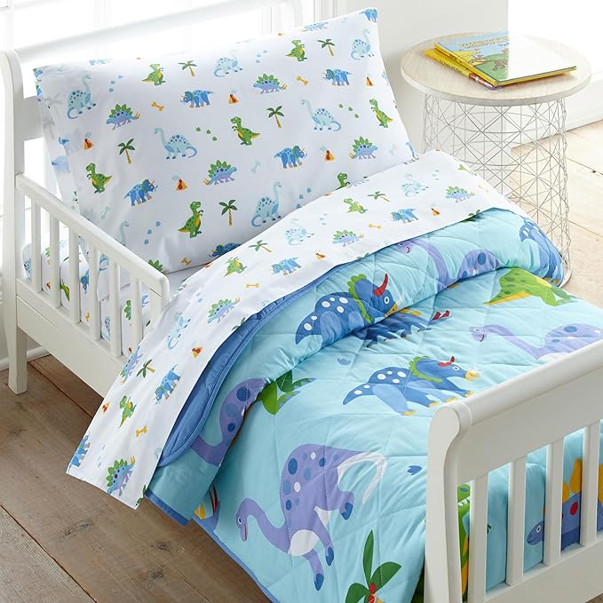 Wildkin 4-Piece Toddler Bed in a Bag – Cotton Comforter, Sheets & Pillowcase for Cozy Cuddles - Dinosaur Land