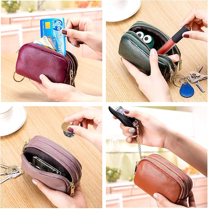 LINNO 3 Zippered Genuine Leather Coin Purse Triple Capacity Change Pouch Little Travel Wallet With Key Ring for Women