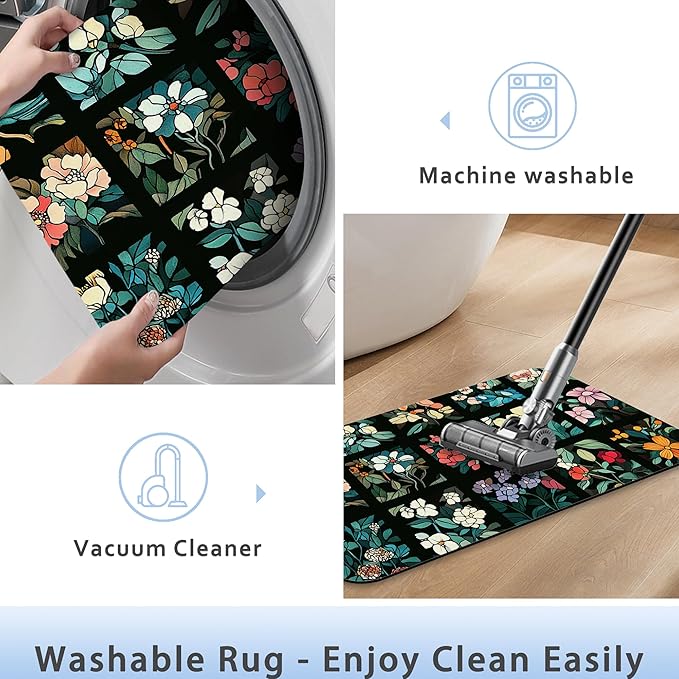 Bathroom Rug 29.5"x17", Groovy Abstract Flowers Bath Mat with Non-Slip Rubber Backing, Quick-Drying Absorbent Thin Floor Mat for Bathroom, Shower, Sink, or Kitchen