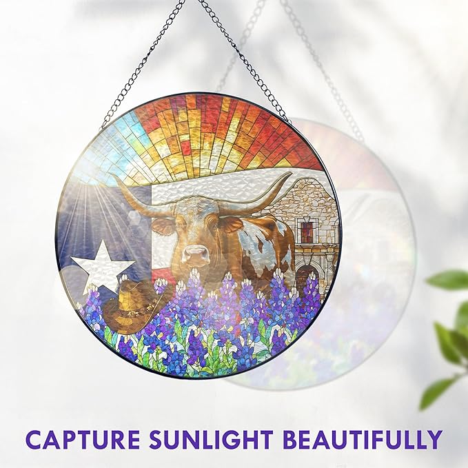 FLAGWIX Texas Gifts for Women Men - Stained Glass Window Hanging 8in - Sun Catchers Indoor Window for Garden Decor, Texas Themed Gifts for Mom Dad Friend, House Warming Gift for Wife Husband