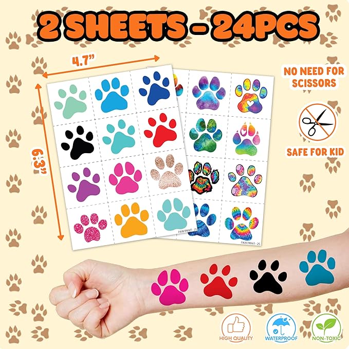 36PCS Paw Print Party Favors - 24PCS Temporary Tattoos & 12PCS Stamps - Ideal Dog Cat Pet Themed Birthday Card Decorations Supplies Goodie Bag Cute Rewards for Boys Girls Classroom Gifts Baby Shower