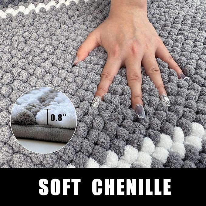 HDFK Bath Mat & Bathroom Rugs, Soft Looped Chenille Popcorn, Super Absorbent, Non-Slip Shower Rug Odorless Hot Melt Adhesive Base, Striped Carpet for Bathtub Floors (24x17 Inch, Black Gray, White)