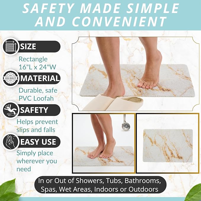 ENKOSI Loofah Non-Slip Shower and Bath Mat - Soft Cushioned Comfort - No Suction Cups for Smooth or Textured Tubs - Fast Draining - Safety for Bathroom, Family and Elderly (24x16 Marble Gold)