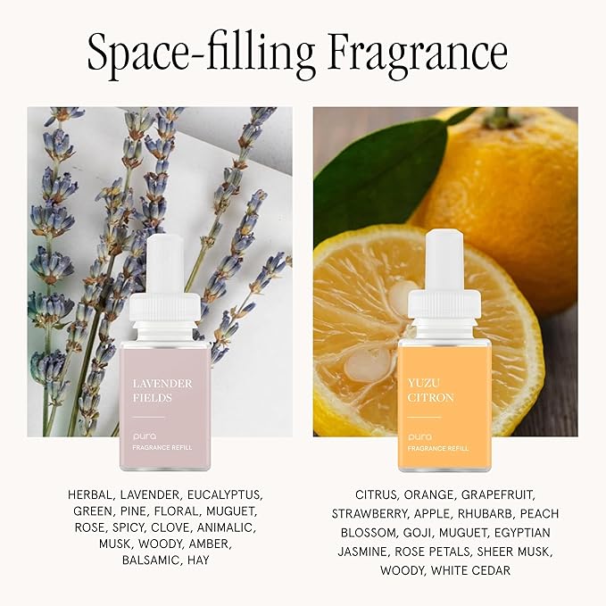 Pura - Smart Home Fragrance Device Starter Set - Pura 4 - Scent Diffuser for Home - Includes Fragrance Aroma Diffuser - Square Box, Lavender Fields and Yuzu Citron Scent Refills