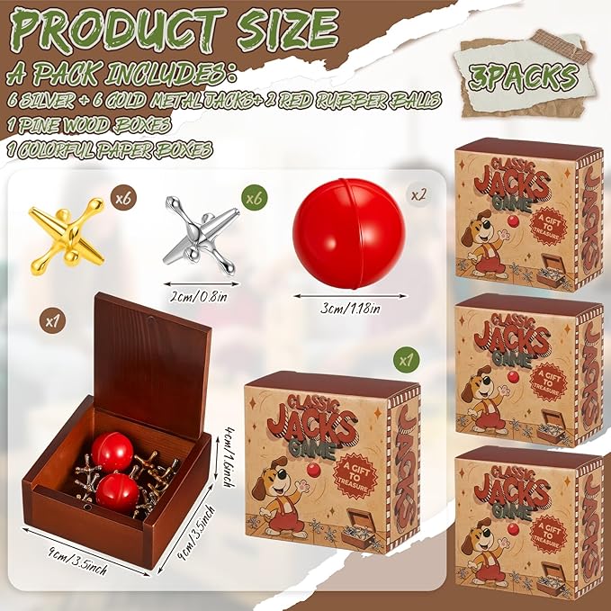 Gejoy 3 Packs Metal Jacks Set with 36 Metal Jacks and 6 Red Rubber Balls in Wooden Box Retro Jackstones Game for Adults Christmas End of Year Family Gatherings Gifts Birthday Party Favors