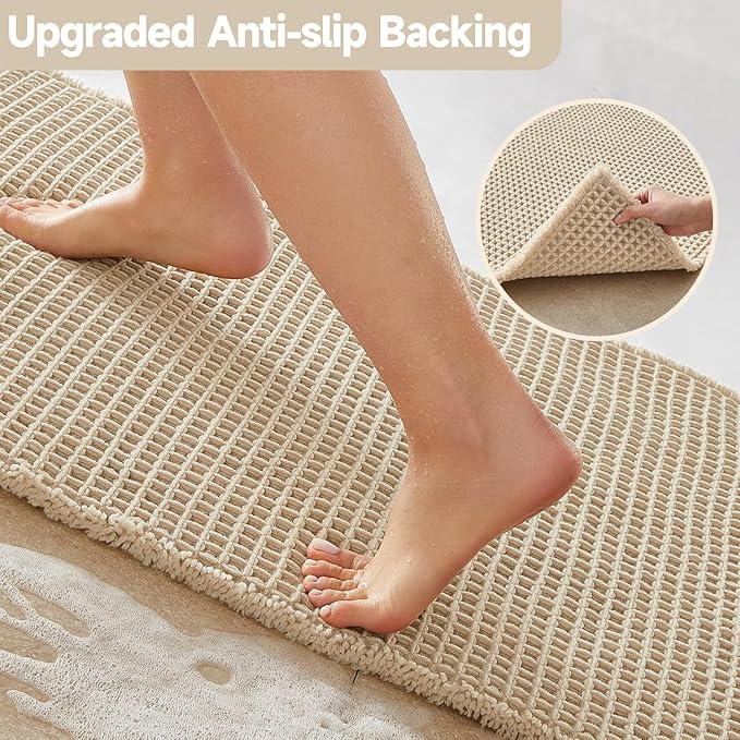 Pale Beige Bathroom Rug, Waffle Bath Mat Non Slip Washable Super Absorbent Quick Dry Boho Farmhouse Bathroom Decor, 48''x24'' / 4'x2' Pale Beige