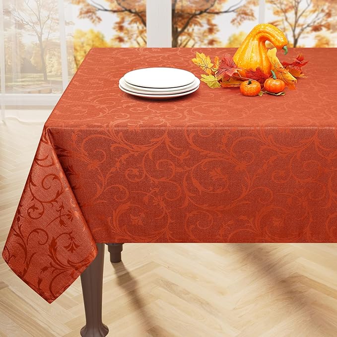 misaya Rectangle Thanksgiving Tablecloth, Waterproof Jacquard Fall Table Cloth, Damask Cloth Table Cover for Harvest Decor (60" x 102", Rust Vine Pattern)