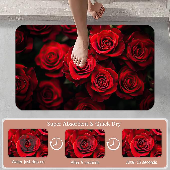 Non Slip Bath Mat,Red Roses Bathroom Decor,Floral Diatomaceous Bath Mat Quick Dry Absorbent Bathroom Rugs-Shower Rug for Kitchen Laundry Bathtub Shower 17"x29.5"