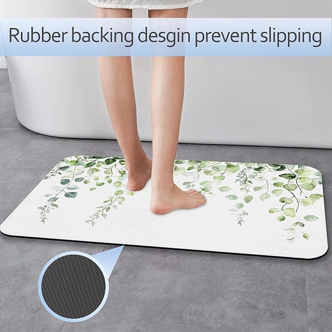 Vintage Eucalyptus Leaves Bath Mat 29.5"x17",Slim Low-Profile Fast Drying Super Absorbent Bathroom Rug with Non-Slip Backing, Easy-Clean Modern Floor Mat for Tub, Shower, or Entryway