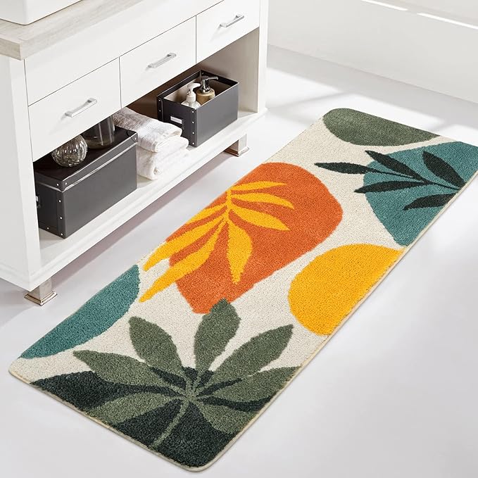 Uphome Bathroom Runner Rug Colorful Abstract Leaves Long Bath Mat Non Slip Water Absorbent Boho Bath Rug Soft Microfiber Machine Washable Floor Mats for Bath Tub Shower Sink, 20x59 inch