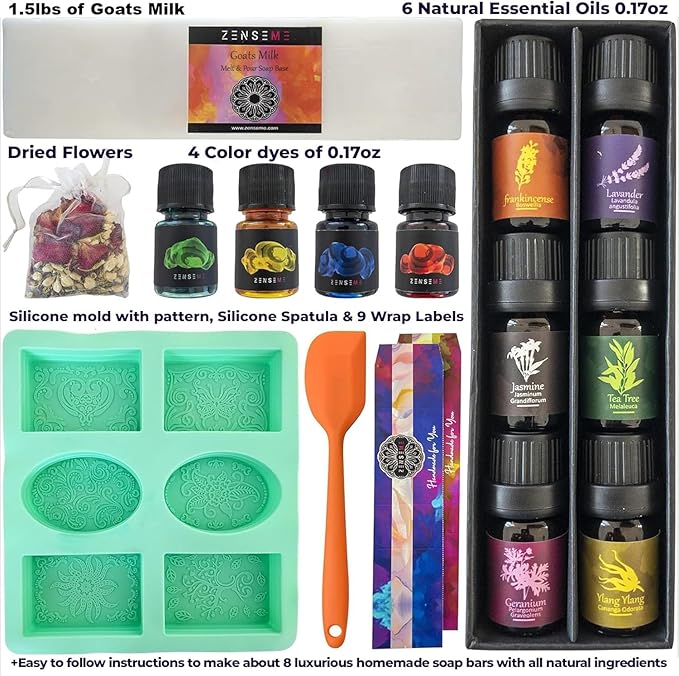 Soap Making Kit for Adults, Make Your Own Soap with Melt & Pour diy Natural Soap supplies; 6 Essential Oils, Silicone Soap Mold, Spoon, Dried Flowers, 1.5lbs. Goats Milk Soap Base, 4 Colors, 9 Labels