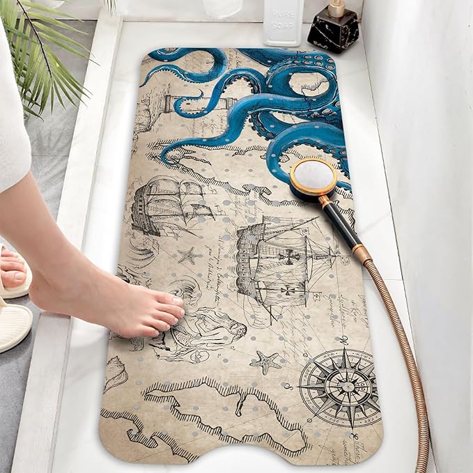 Bathtub Mat Non Slip, Octopus Extra Long Bath tub Mat Shower Floor Mat with Suction Cups and Drain Holes for Adults Kids Elderly 40 X 16 Inch