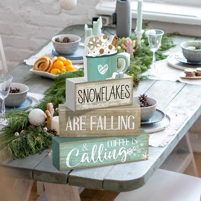 4 Pcs Winter Table Decor Wooden Milk Cocoa Decoration Winter Tiered Tray Centerpiece Decorative Blue Hot Cocoa Block Signs Gift Farmhouse Decoration for Home Kitchen