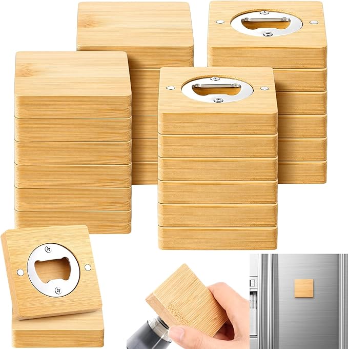 Vesici 24 Pcs Magnetic Bottle Opener 2.5in DIY Bamboo Square Shape Beer Openers Wooden Fridge Magnet Refrigerator Sticker Gift for Beer Lover Wedding Guest Kitchens Bars Parties