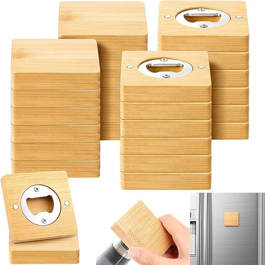 Vesici 24 Pcs Magnetic Bottle Opener 2.5in DIY Bamboo Square Shape Beer Openers Wooden Fridge Magnet Refrigerator Sticker Gift for Beer Lover Wedding Guest Kitchens Bars Parties